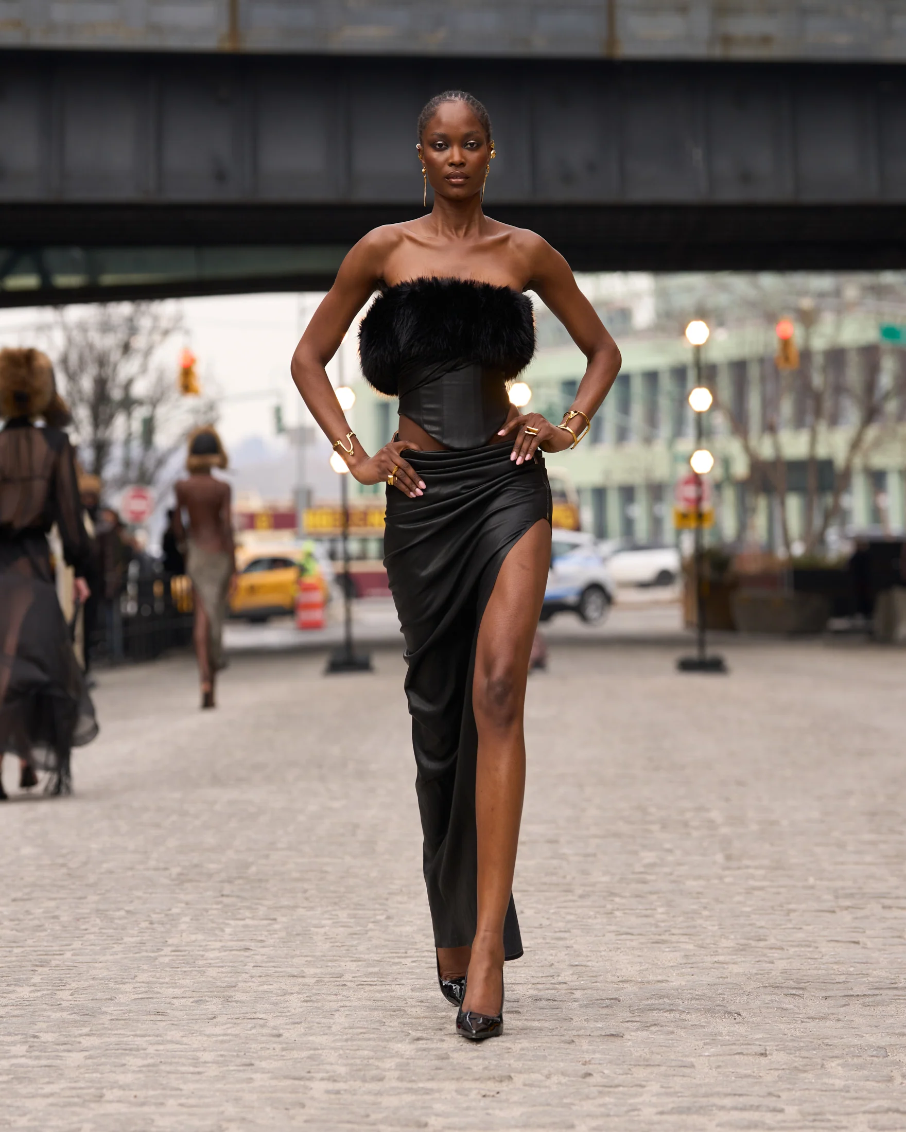 Faux Fur Strapless Corset Top + Vegan Leather Maxi Skirt